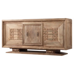 Bleached Art Deco Solid Oak Sideboard with Geometric Details, France, 1940s