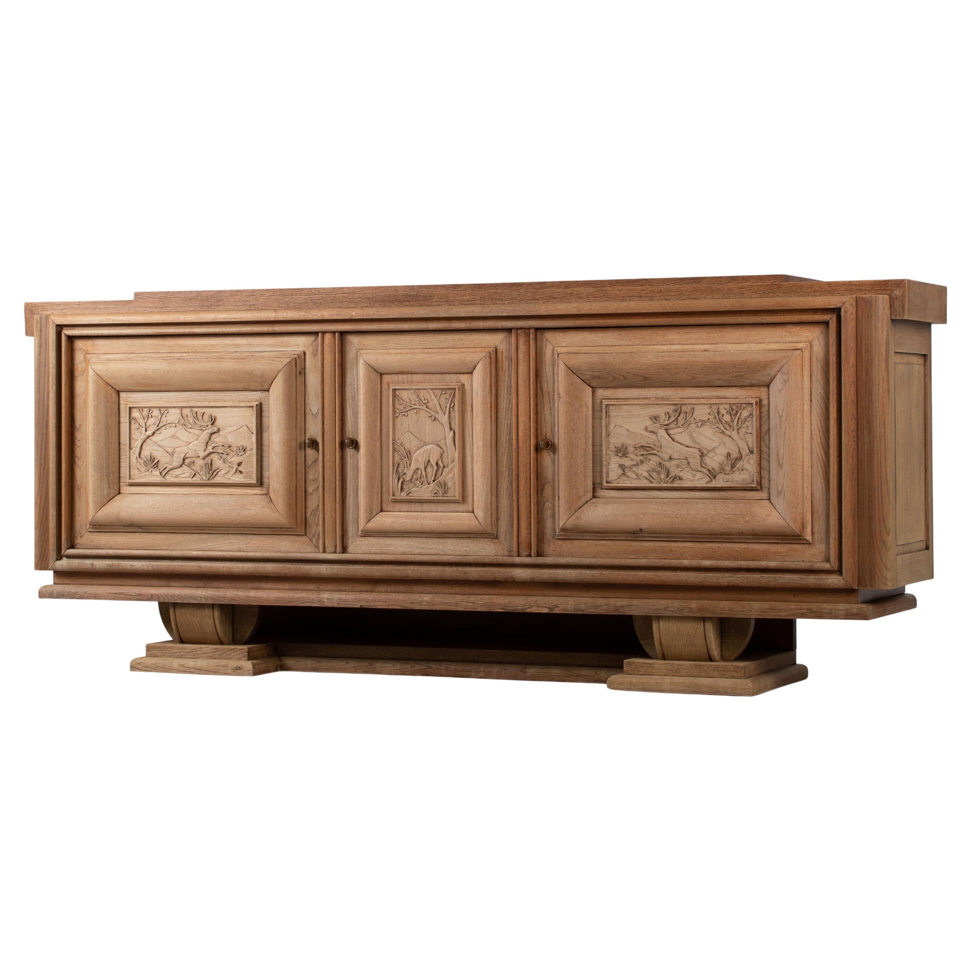 French 1940s Bleached Oak Sideboard with Carved Hunting Scene Panels For Sale