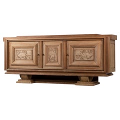 French 1940s Bleached Oak Sideboard with Carved Hunting Scene Panels