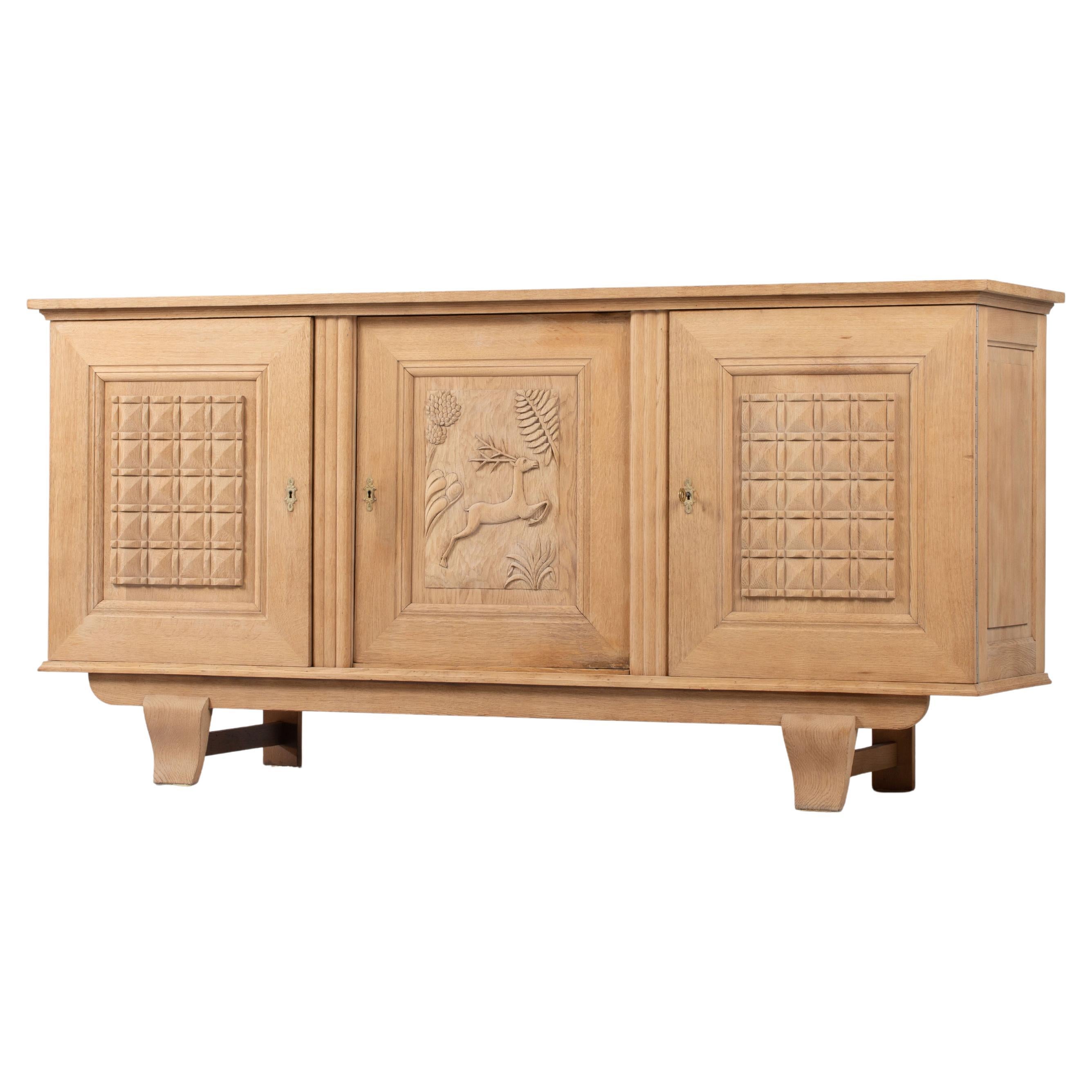 French 1940s Bleached Oak Brutalist Sideboard with Carved Deer Motif