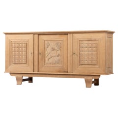 French 1940s Bleached Oak Brutalist Sideboard with Carved Deer Motif