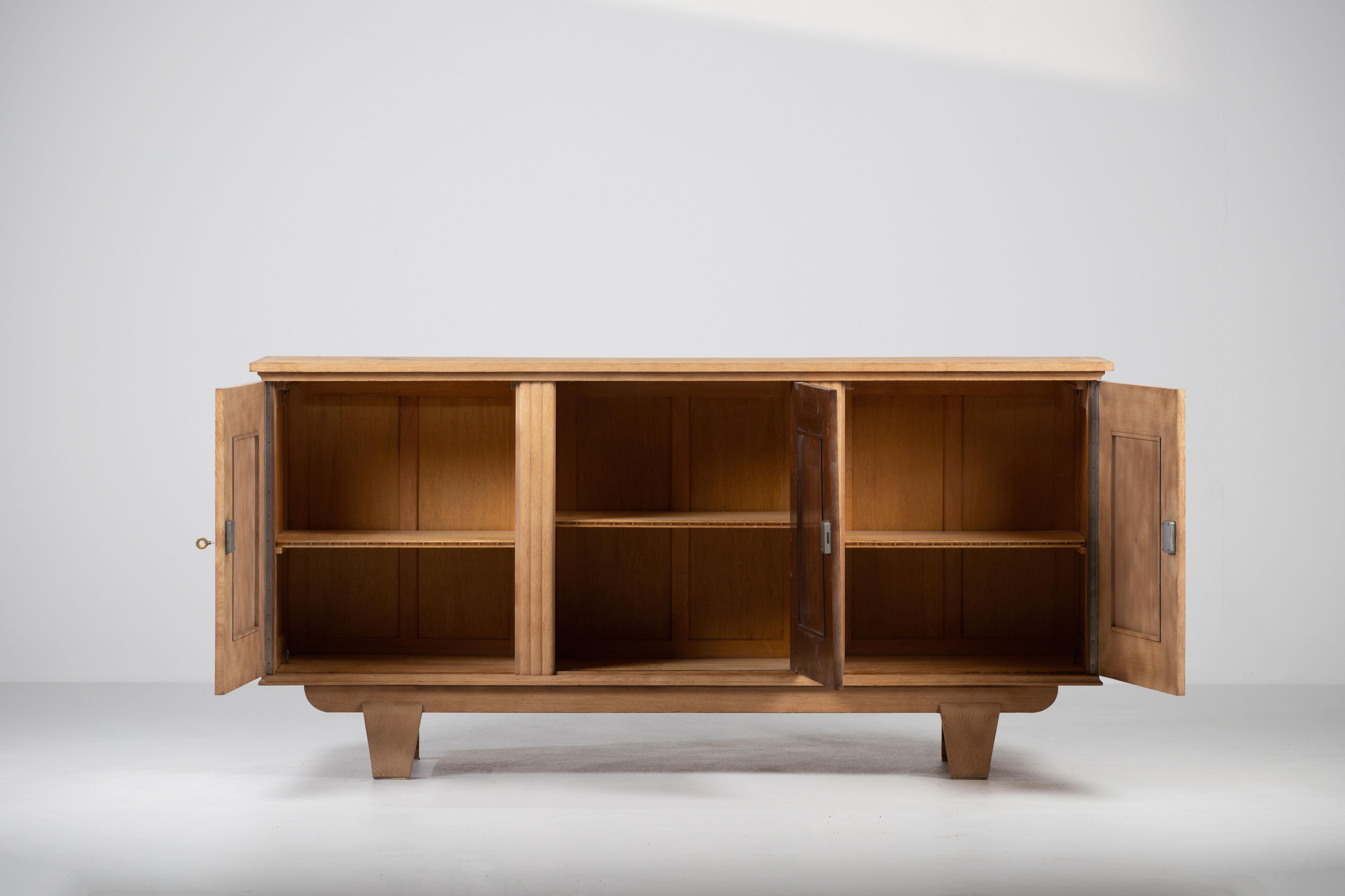 Mid-Century Modern French 1940s Bleached Oak Brutalist Sideboard with Carved Deer Motif For Sale