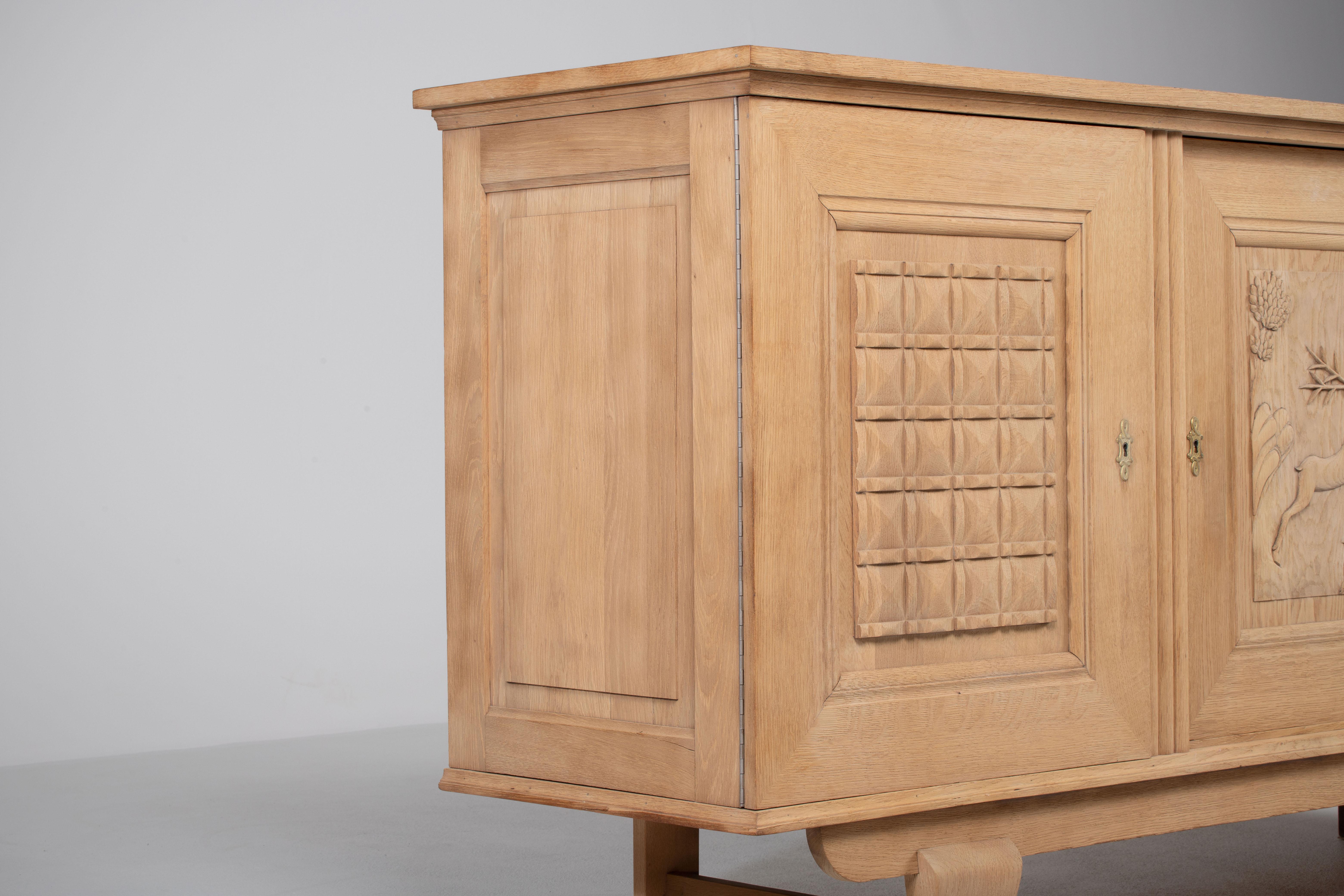 Mid-20th Century French 1940s Bleached Oak Brutalist Sideboard with Carved Deer Motif For Sale