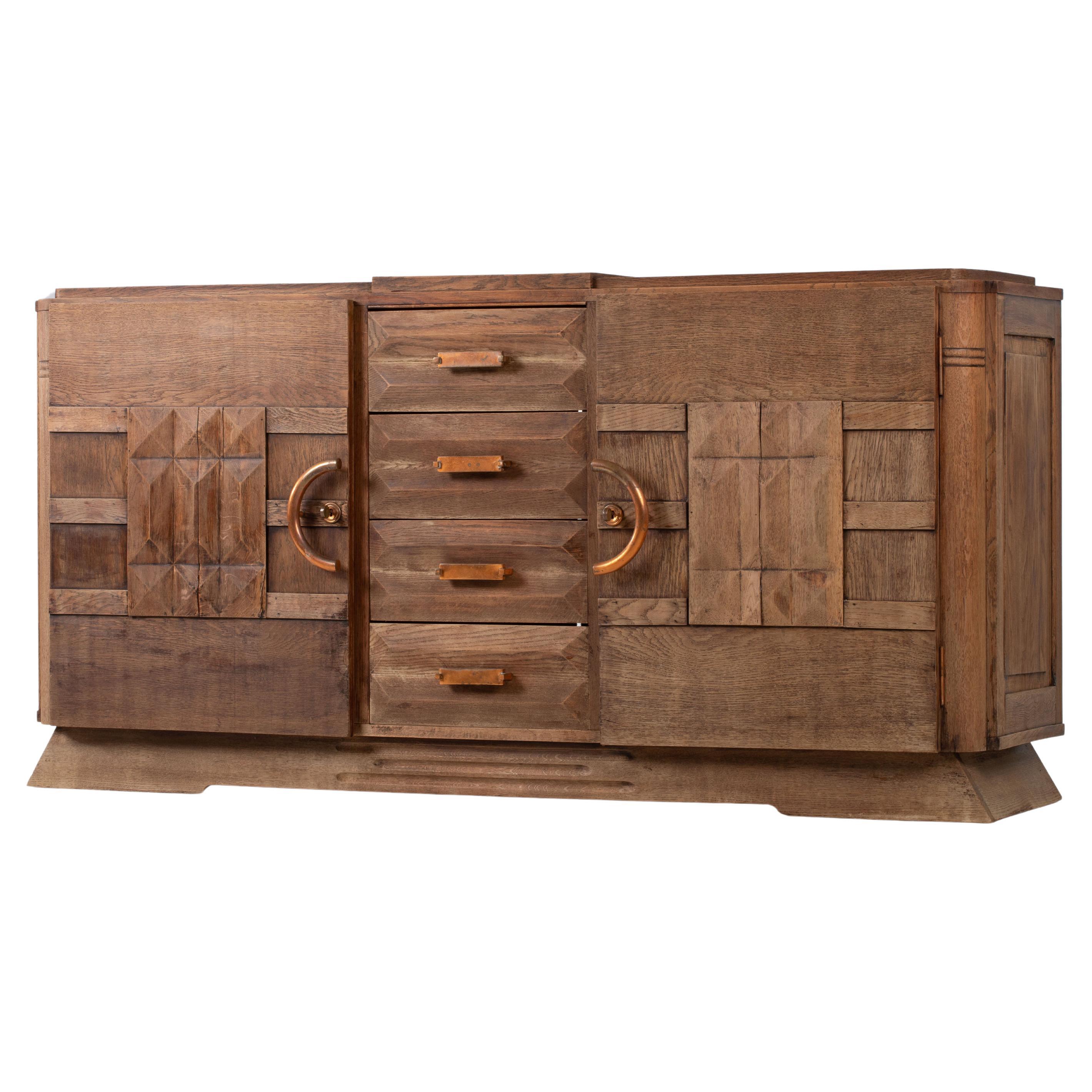 French 1940s Solid Oak Art Deco Brutalist Credenza