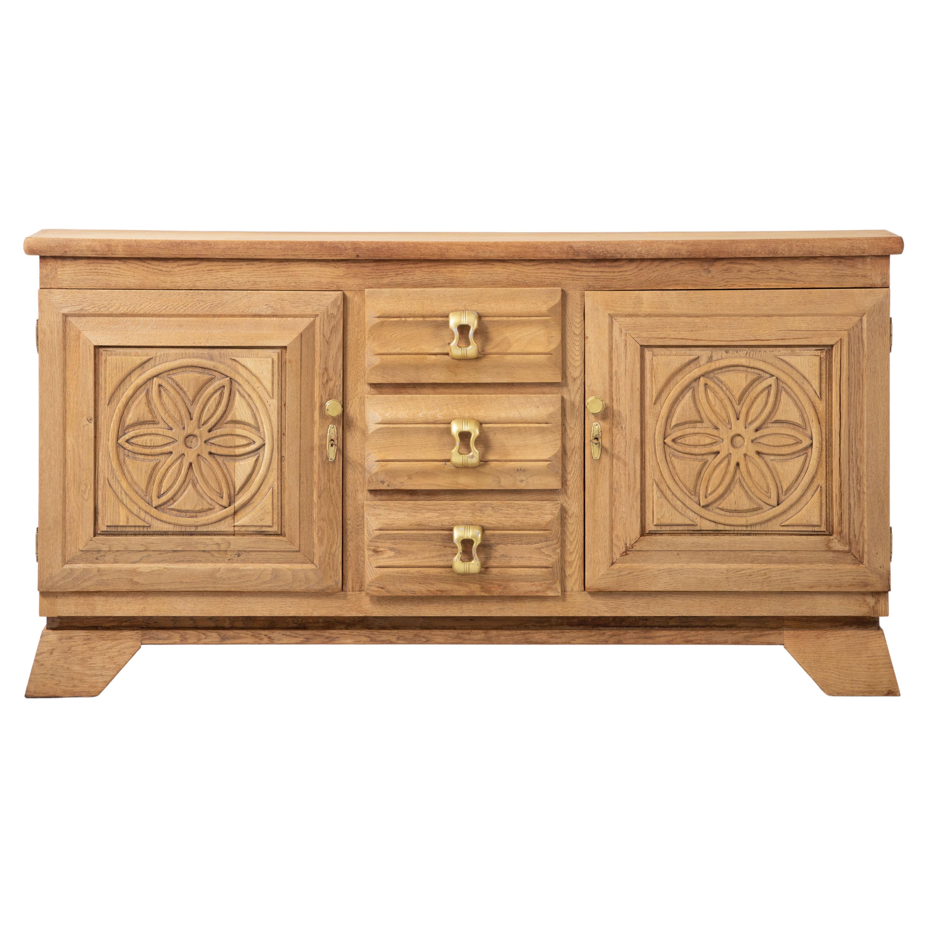 A Composition of Rural Geometry: Breton Sideboard in Solid Oak, Normandy For Sale