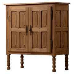 Two Door Cabinet, Pegged Oak, Forged Iron, Turned Legs, Spain, 1950s