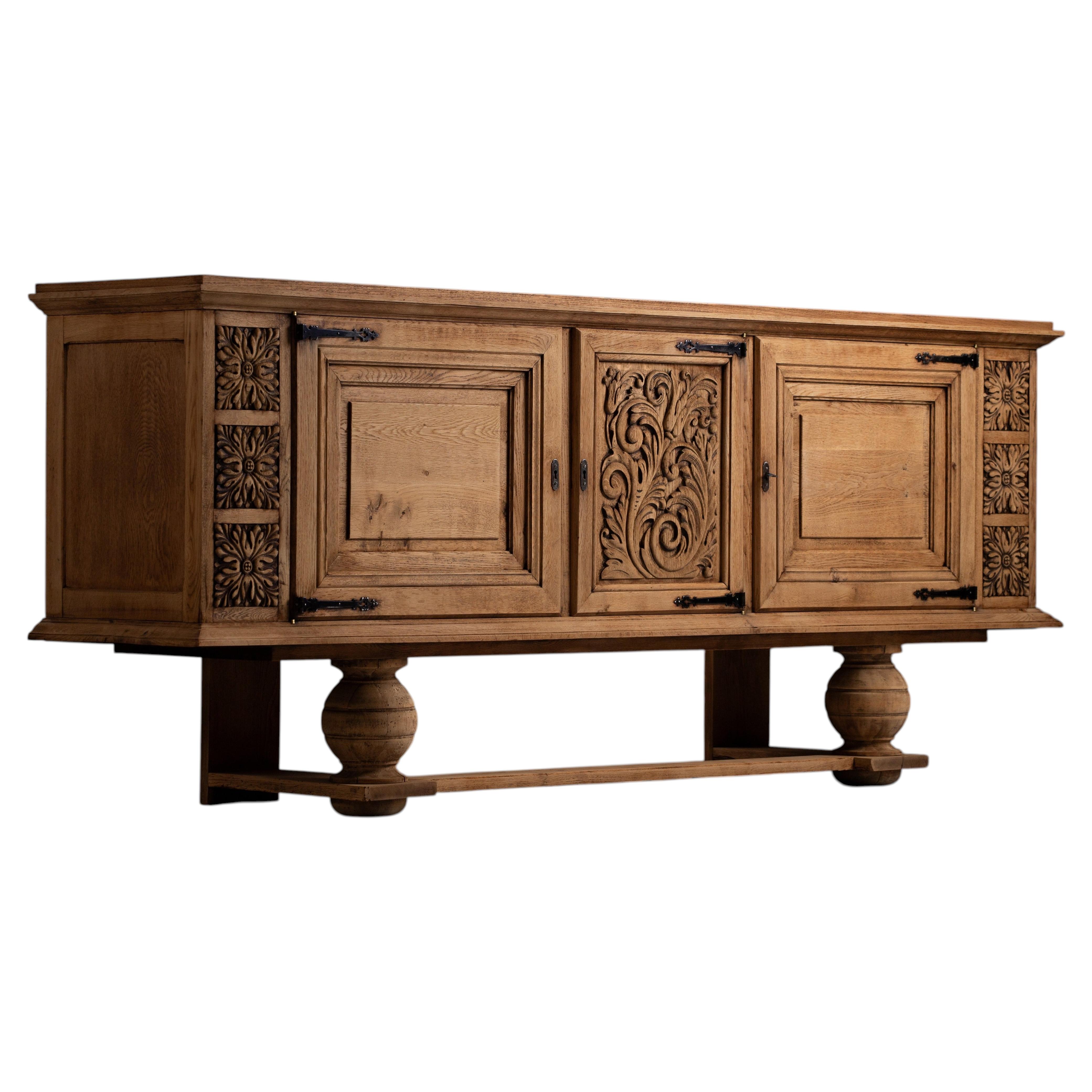 Spanish Baroque Oak Buffet with Carved Acanthus Panels, 1940s For Sale