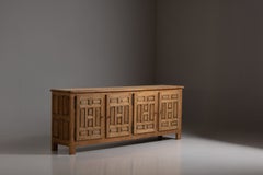 Imposing Spanish Colonial Sideboard, Blond Oak, Wrought Iron, Spain, 1940s