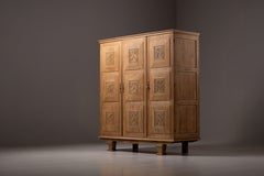 Art-Deco Elegance Armoire, Carved Blond Oak, Wrought Iron, France, 1940s