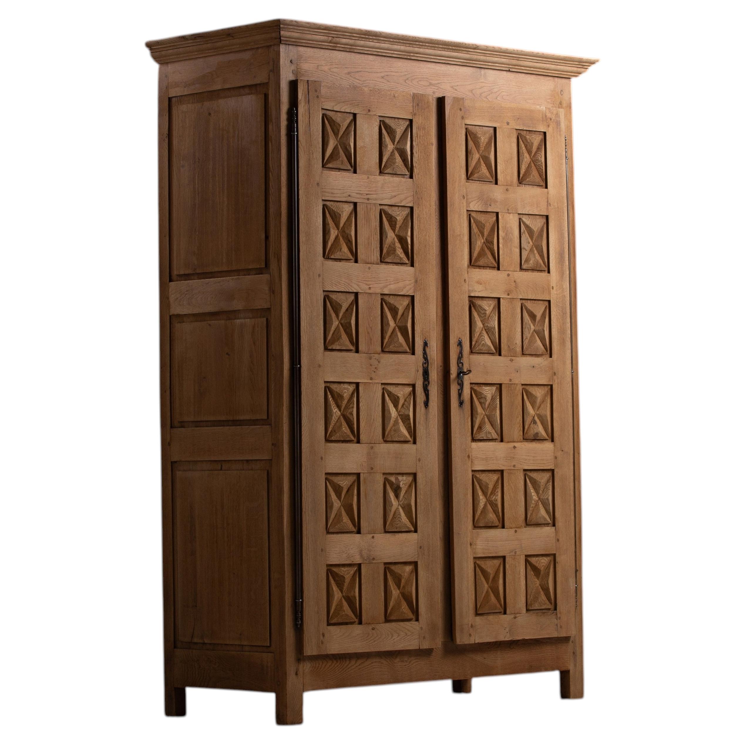 Castillan Oak Armoire, Hand-Carved, Spain, 1950s