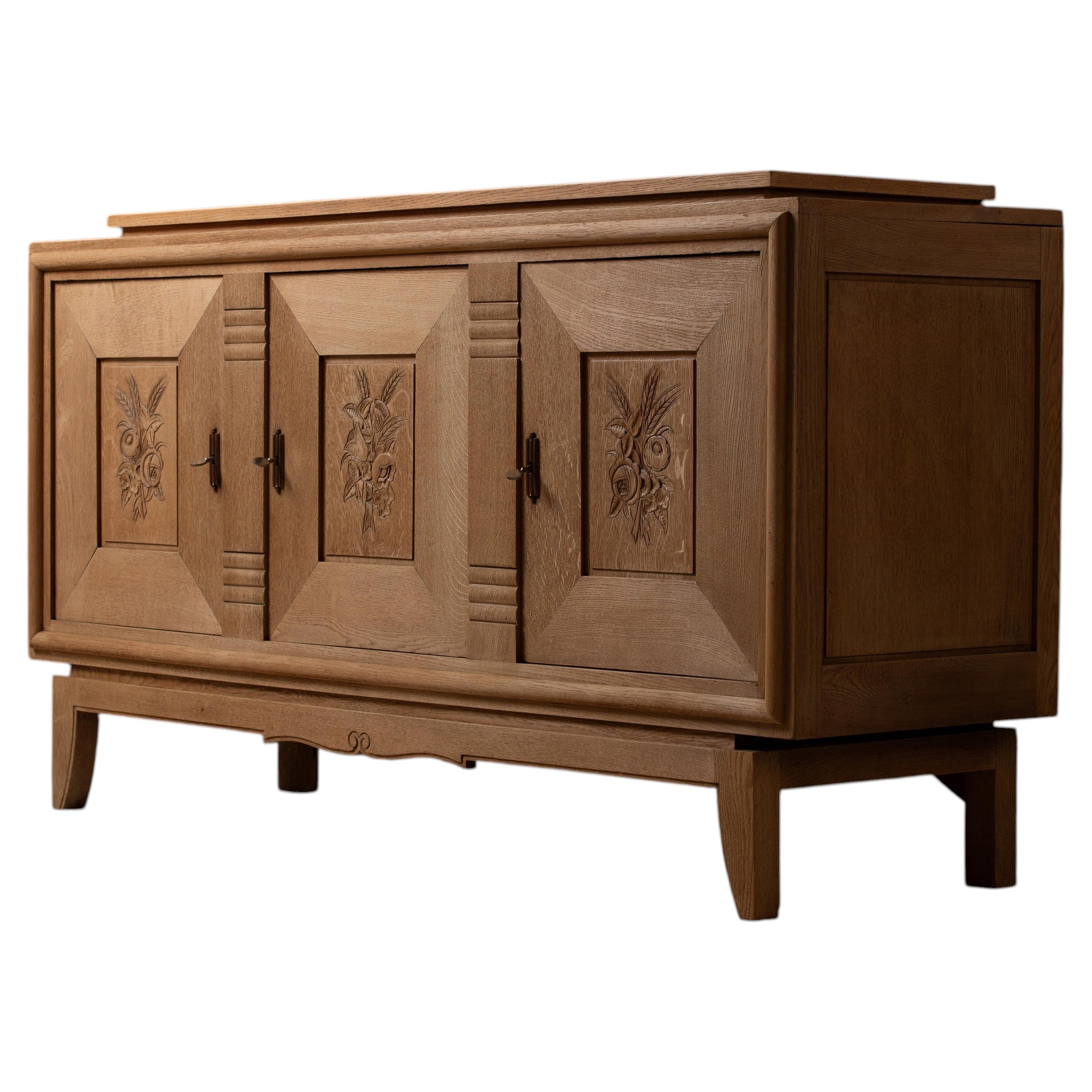 Art Deco, Oak Sideboard, Carved Floral Panels, France, 1940s