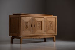 Art Deco, Oak Sideboard, Carved Floral Panels, France, 1940s