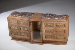 Art Deco Carved Oak Sideboard with Marble, France, 1930s