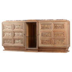 Art Deco Carved Oak Sideboard with Marble, France, 1930s