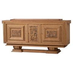 French Art Deco Oak Buffet with Carved Hunting Scene, 1940s