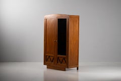 French Oak Armoire with Carved Croisillon and Mirror Door, 1940s