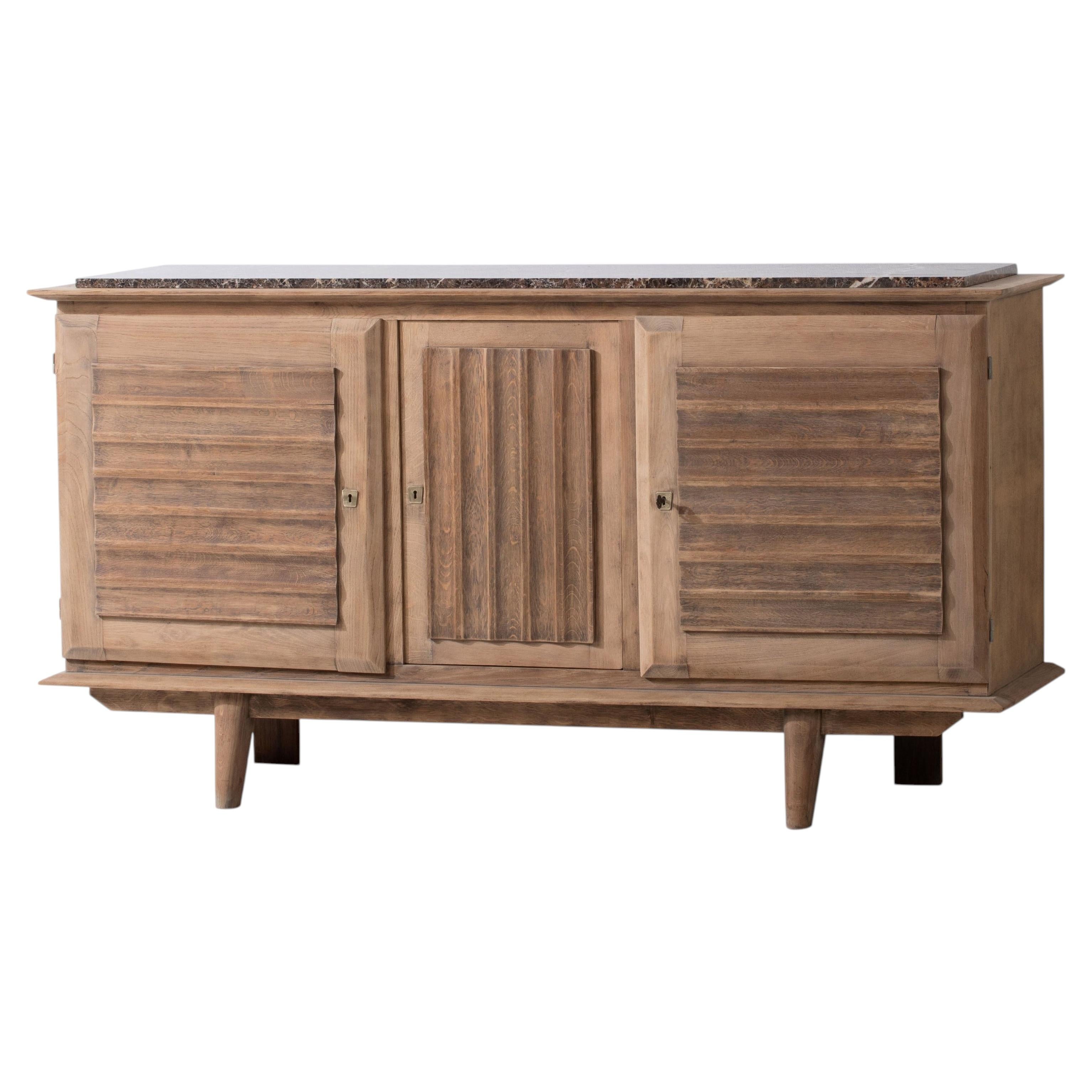 Oak Sideboard with Rippled Door Panels and Marble Top, France, 1940s For Sale