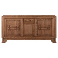 Dudouyt Style Oak Sideboard with Carved Diamond Doors, France, 1940s