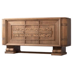 French 1940s Art Deco Brutalist Credenza with Hand-Carved Foliage