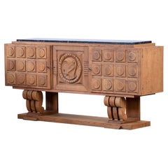 Sideboard in Carved Oak and Black Stone, France, 1940s
