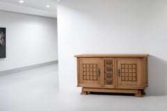 Oak Sideboard with Faceted Grid Doors and Iron Pulls, France, 1940s