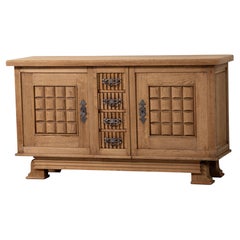 Oak Sideboard with Faceted Grid Doors and Iron Pulls, France, 1940s