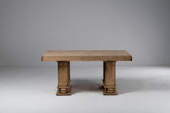 Oak Dining Table with Cube Parquetry Top on Fluted Pedestals, France, 1940s