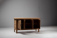 Oak Sideboard, Carved Starburst Doors and Iron Straps, France, 1940s