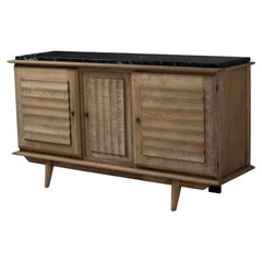 Oak Sideboard, Ribbed Doors and Black Marble Top, France, 1950s