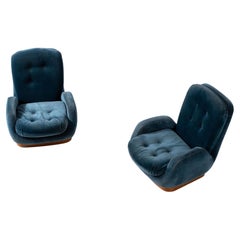 Italian Velvet Lounge Chairs, 1970s, Deep Teal Upholstery, Wooden Base