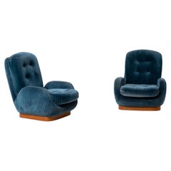 Italian Velvet Lounge Chairs, 1970s, Deep Teal Upholstery, Wooden Base