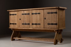 Alpine Oak Trestle Buffet with Hand Forged Strapwork, France, 1950s