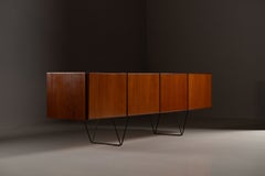 Long Minimal Teak Credenza, Steel Base Sideboard, Italy, 1950s