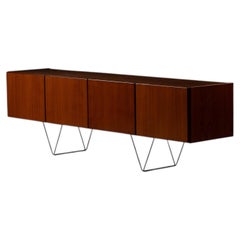 Long Minimal Teak Credenza, Steel Base Sideboard, Italy, 1950s