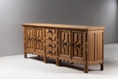 Long Oak Enfilade, Natural Oak, Brass Pulls, France, 1950s