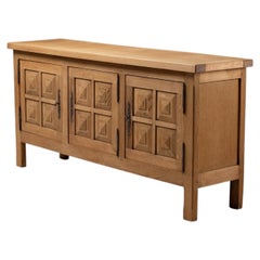 Oak Sideboard with Pyramid Carved Doors and Iron Hinges, France, 1960s