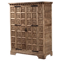 Carved Oak Armoire with Rosette Panels and Iron Strap Hinges, Spain, 1940s