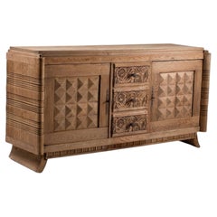 Carved Oak Buffet with Diamond-Point Doors and Floral Drawers, France, 1940s