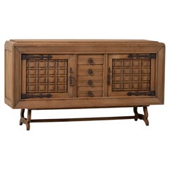 Oak Sideboard with Faceted Doors and Wrought Iron Hinges, France, 1940s