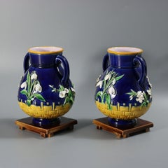 Pair Minton Majolica Floral Vases with Twin Handles