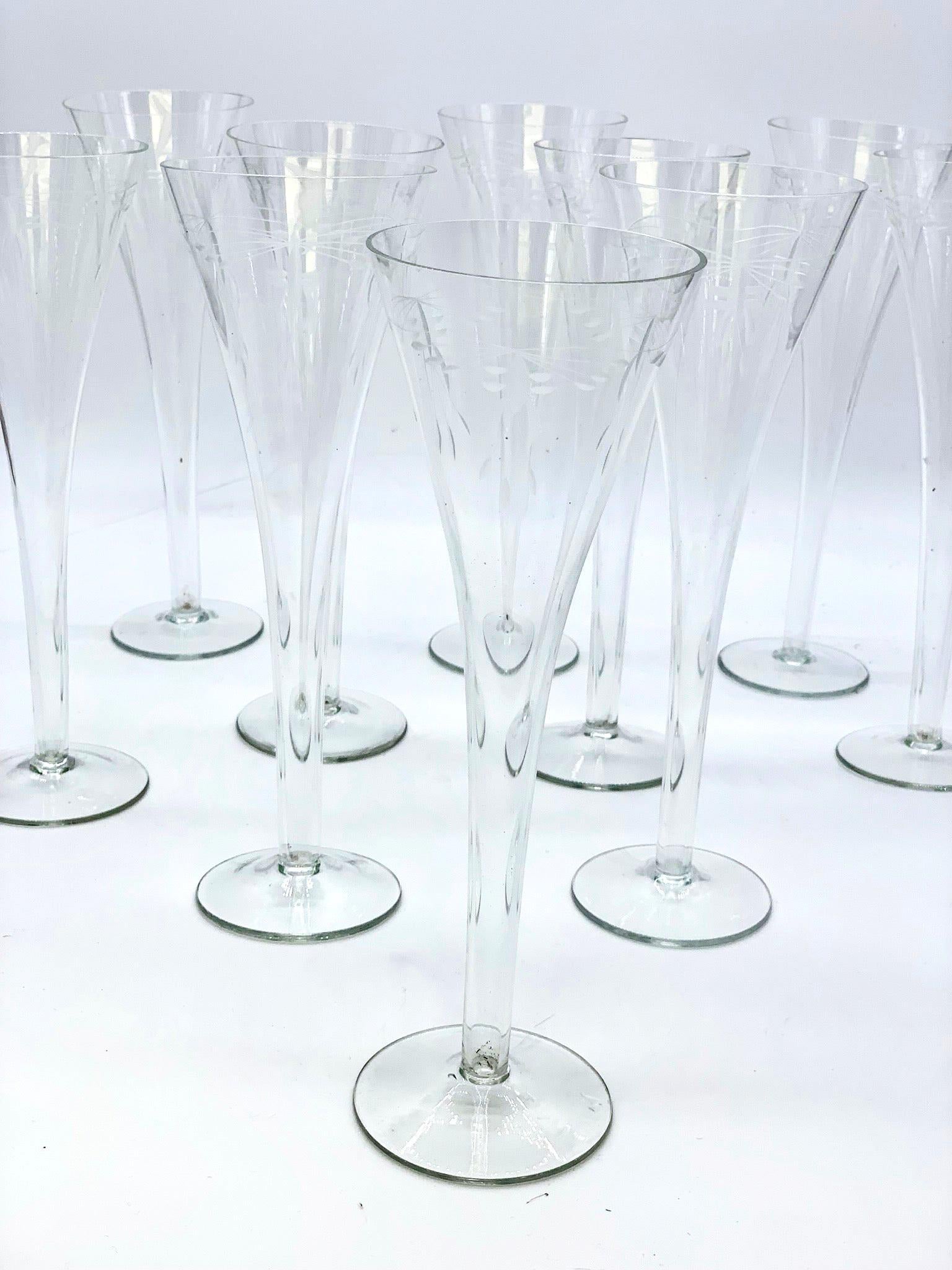 European 1900-1920 Art Nouveau Crystal Glasses Hand Blown with Engraved Flowers For Sale