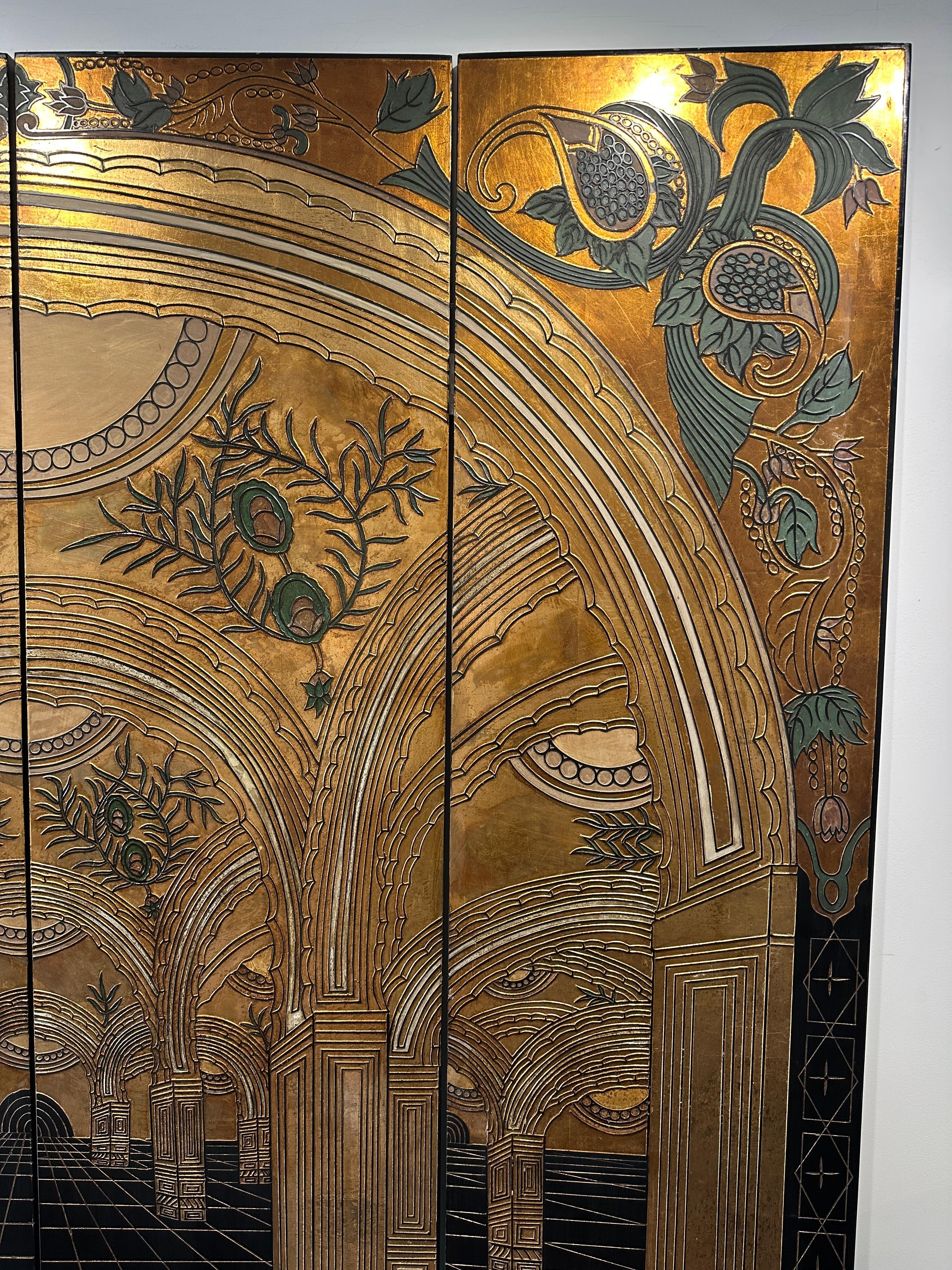 Gold and Black Art Nouveau / Art Deco Paravant 20th Century Wood and Gold Leaf For Sale 14