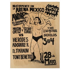Cartel de lucha libre de André Giant dibujado a mano con tinta china sobre papel kraft