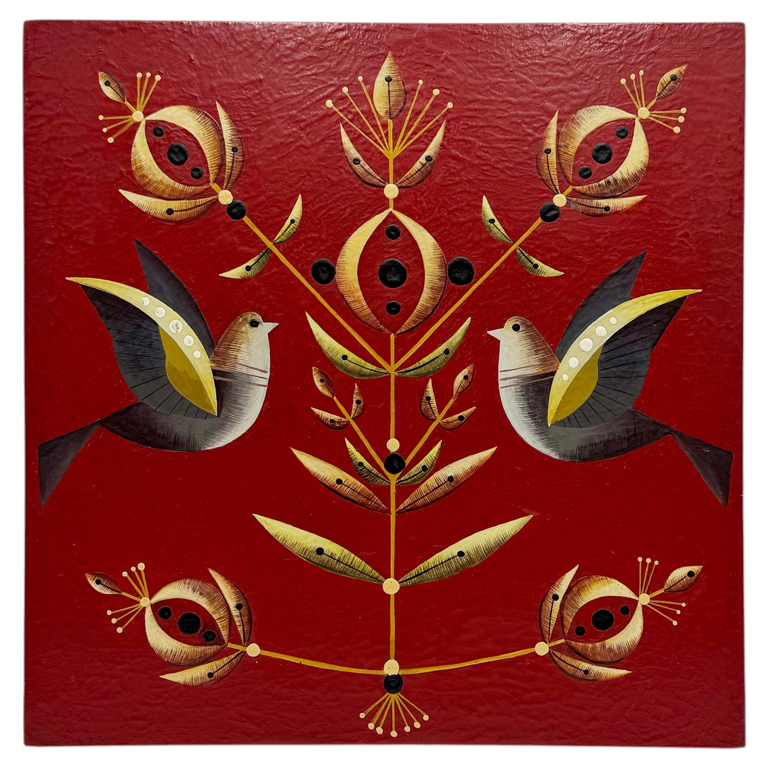 Pintura decorativa original de Alejandro Rangel Hidalgo: aves y motivos botánicos