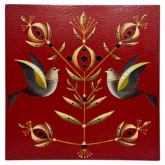 Pintura decorativa original de Alejandro Rangel Hidalgo: aves y motivos botánicos