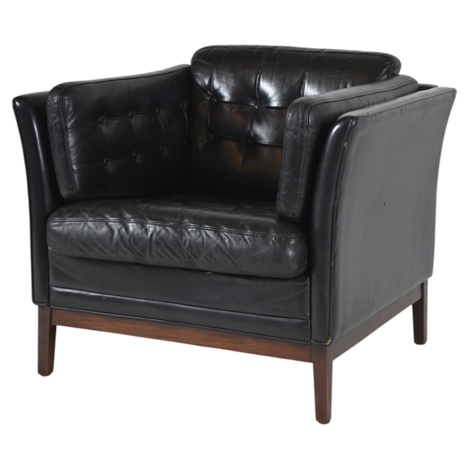 1960s Danish Mogens Hansen Black Leather Lounge Club Chair Armchair, Denmark For Sale