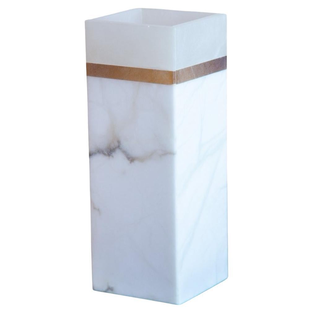Italian Vintage Alabaster Vase in Square White Form with Contrasting Band, 1970s