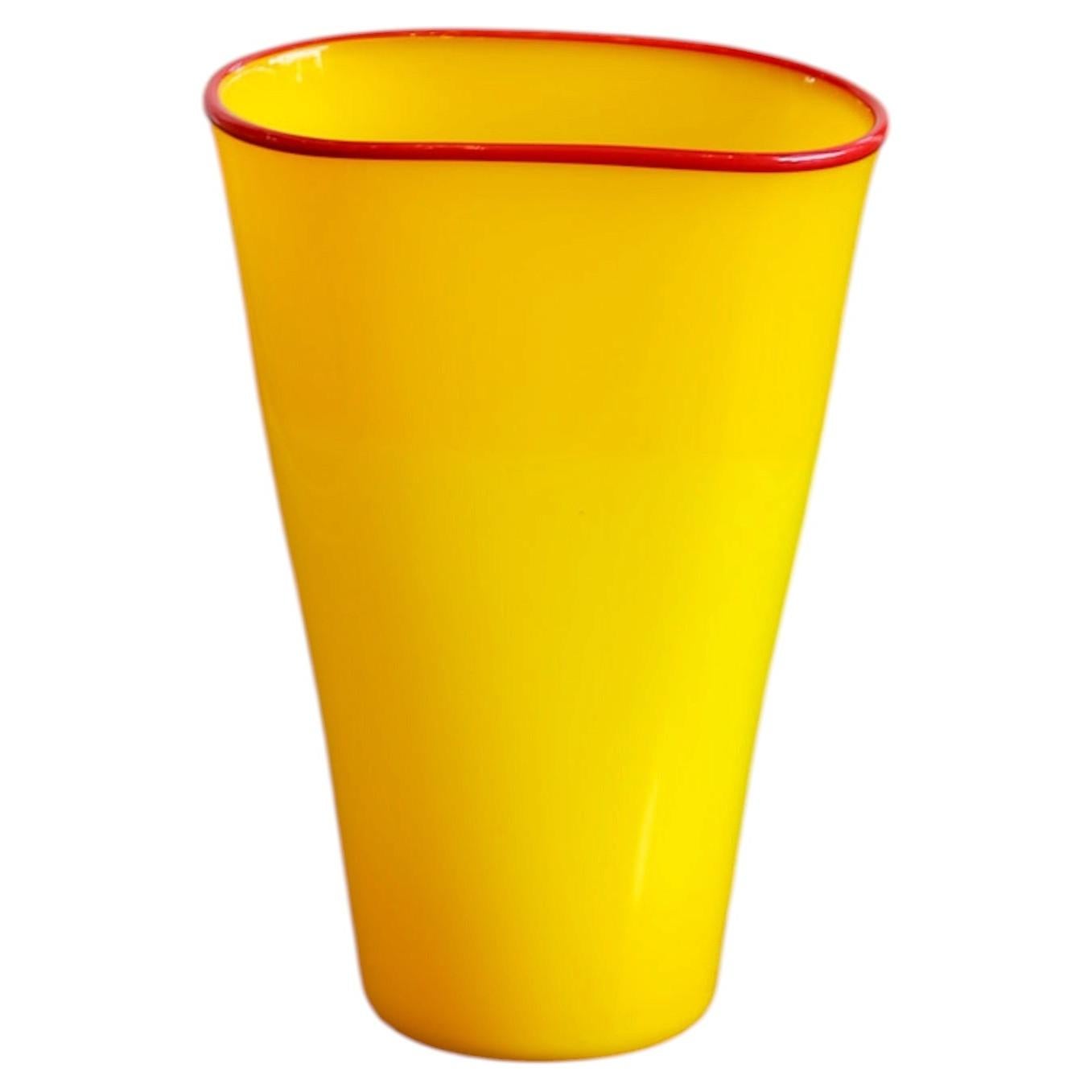 Murano Yellow Opaline Glass Vase with Red Rim, Italy 1970s For Sale