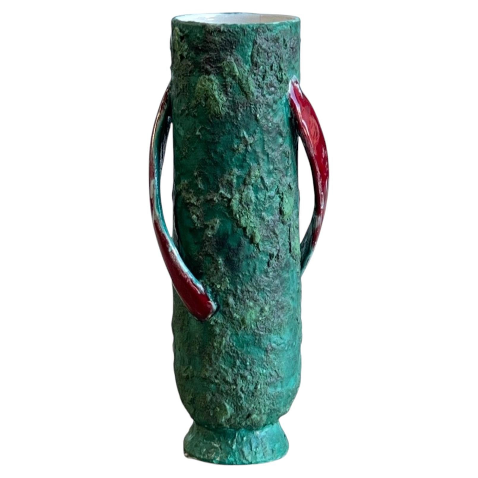 Mid-Century Modern Italian Ceramic Vase with Lava Work, Aqua Green For Sale