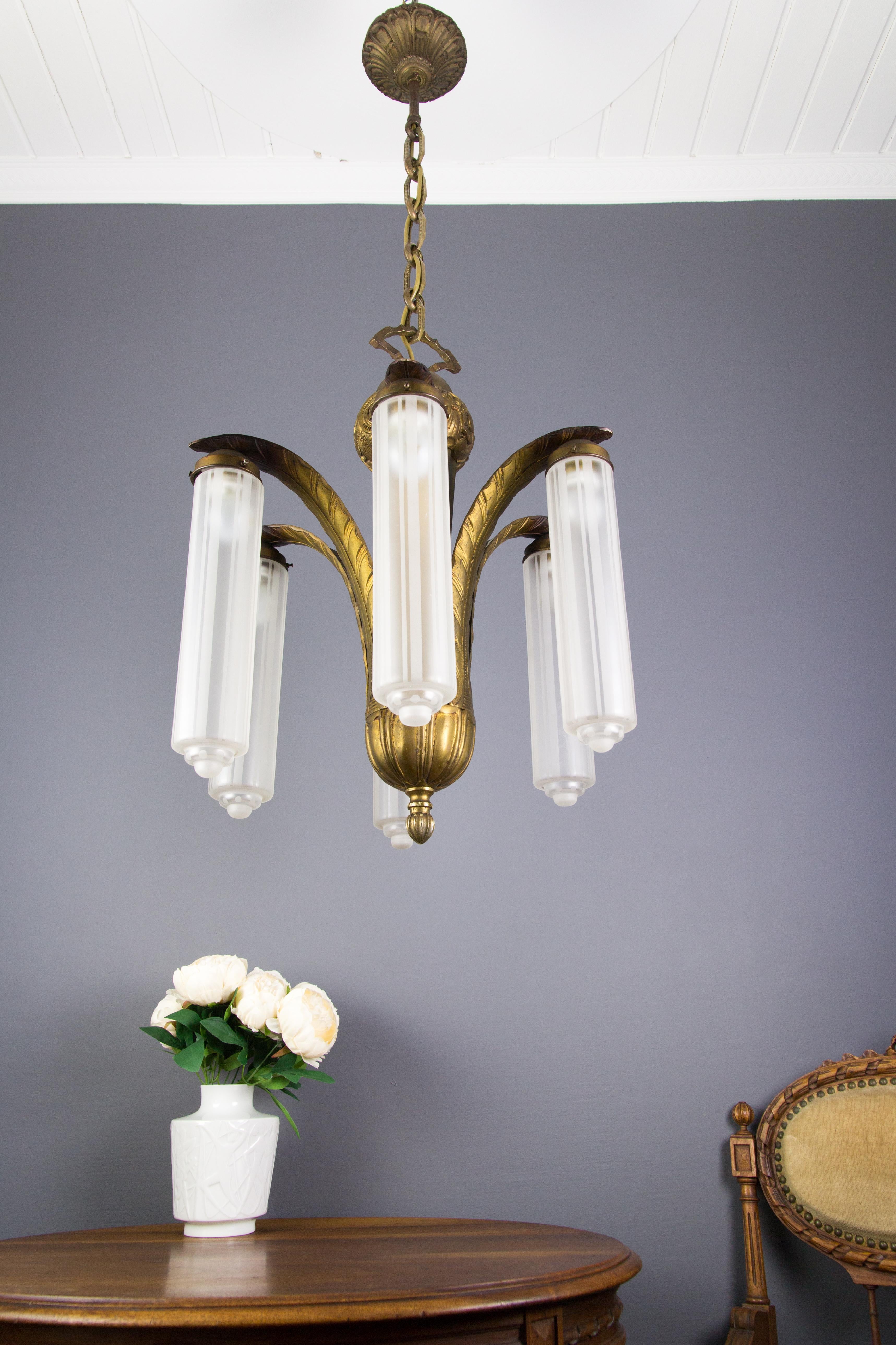 Art Deco Bronze and Glass Six-Light Chandelier 4